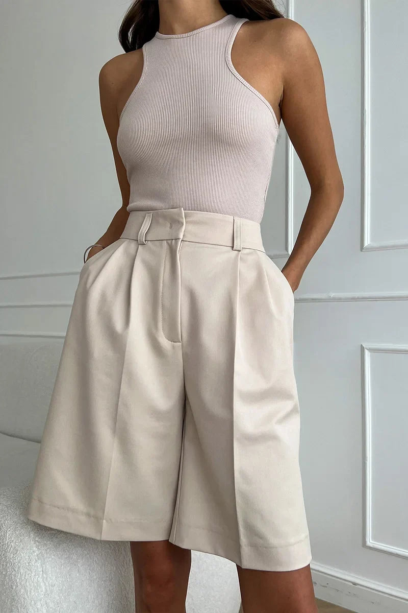 High-Waisted Pleated Bermuda Shorts