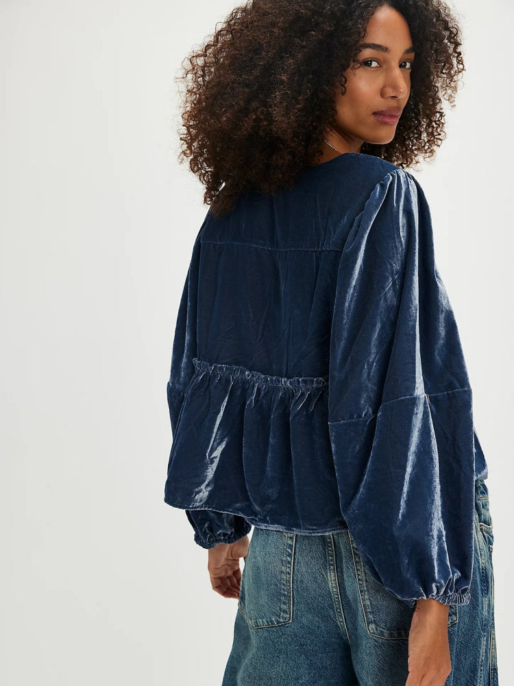 Velvet Blouse with Bow Closure
