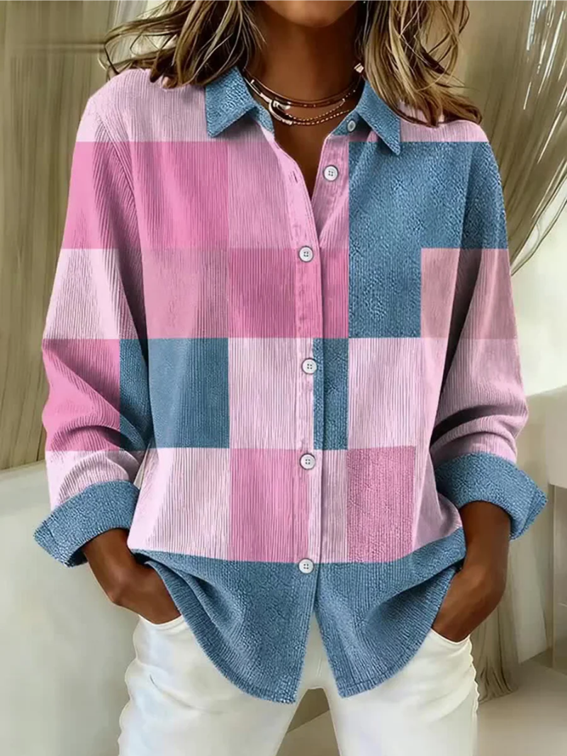 Women's Relaxed Printed Button-Up Shirt with Textured Fabric and Classic Collar – Long Sleeve Casual Blouse for Everyday and Smart Casual Wear