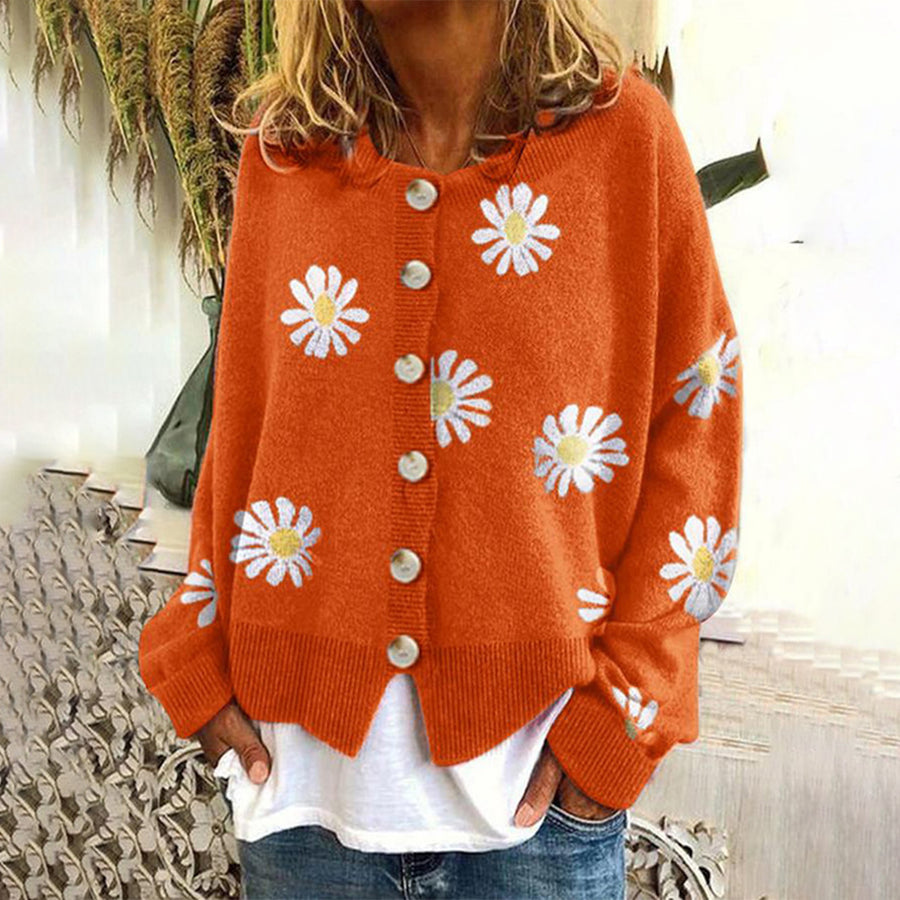 Women’s Oversized Printed Knit Cardigan with Round Neck and Button Front – Relaxed Layer for Spring and Autumn