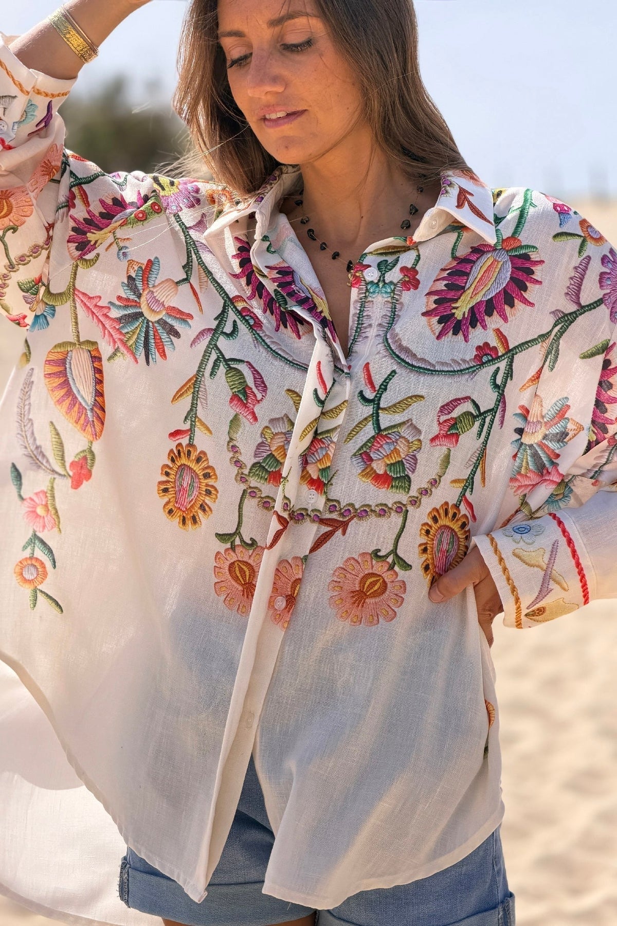 Oversized Beige Button-Front Shirt