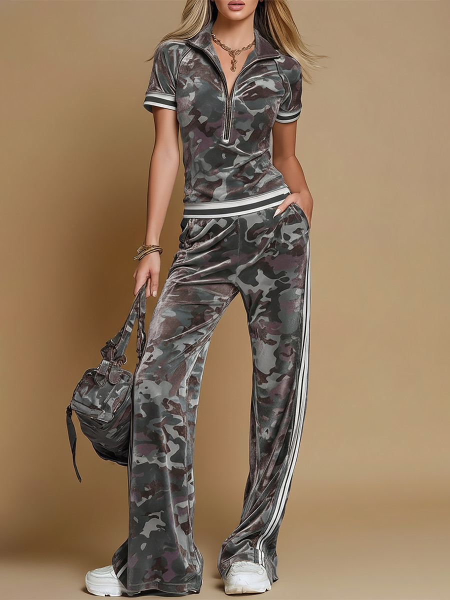 Women’s Camouflage Half-Zip Top and Wide-Leg Trouser Set – Short Sleeves and Sporty Striped Trims