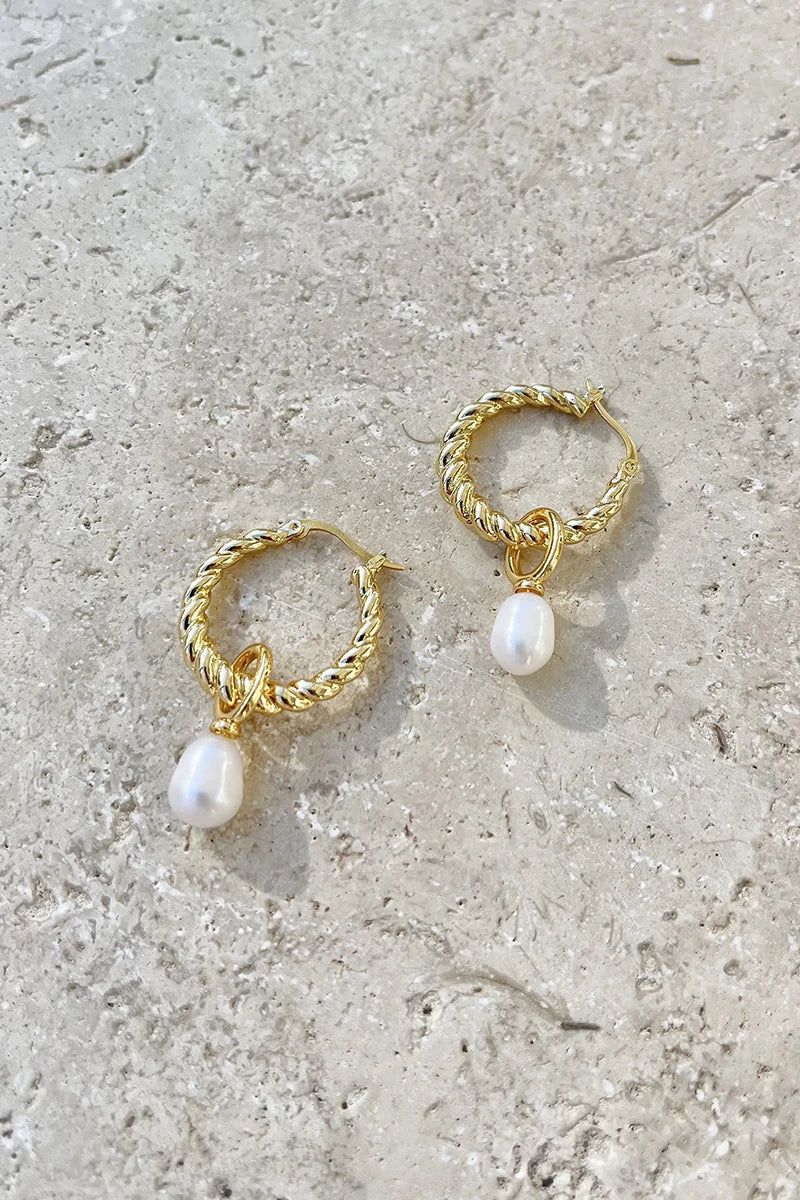 Statement Twist Pearl Drop Earrings Gold/Pearl