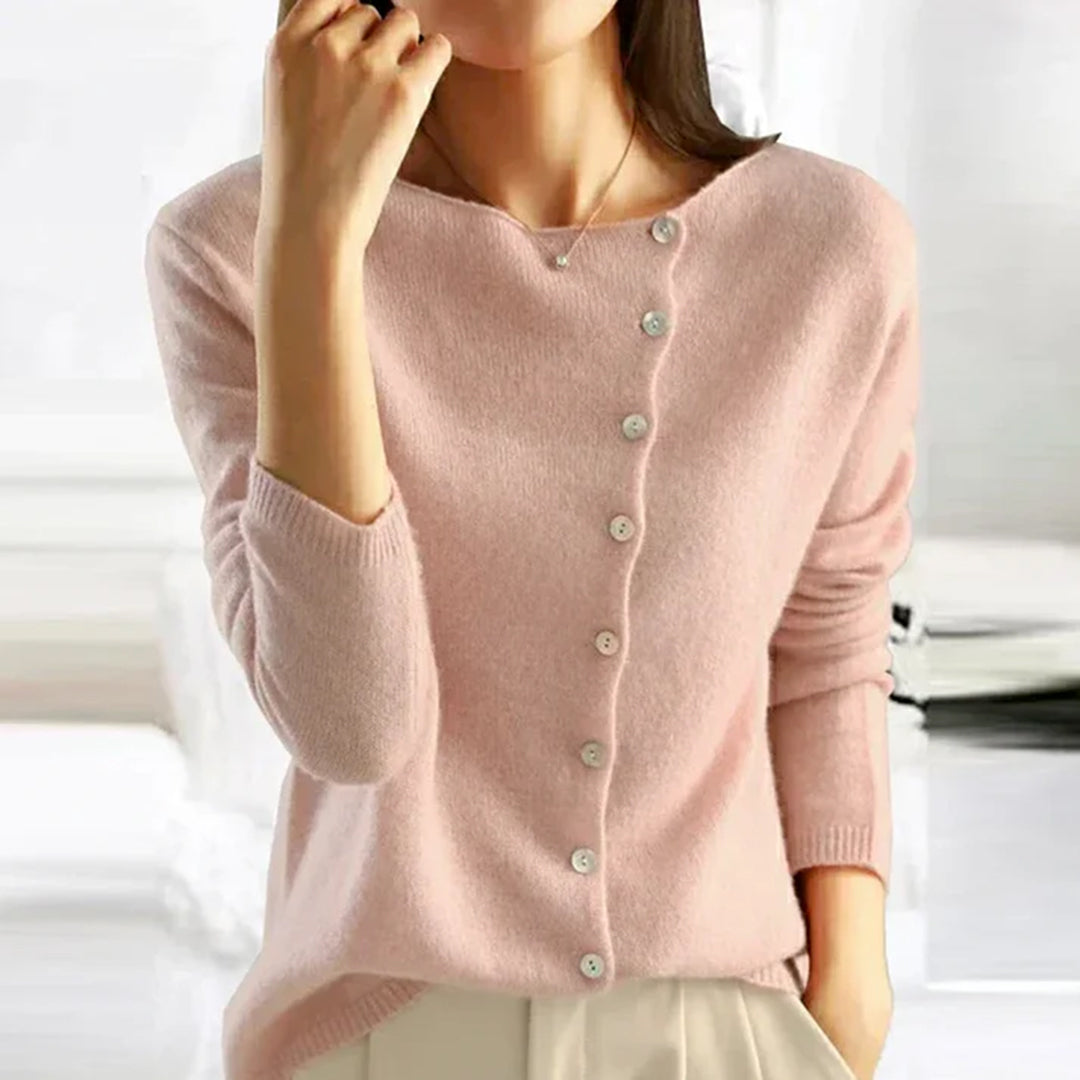 Women's Elegant Fine Knit Cardigan – Classic Round Neck Button-Up Sweater with Long Sleeves for Smart Casual Wear