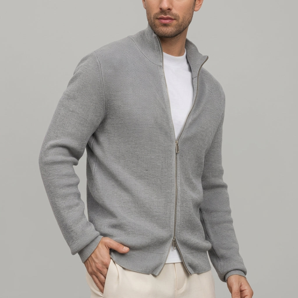 Renz - Men's Ribbed Full-Zip Knit Cardigan