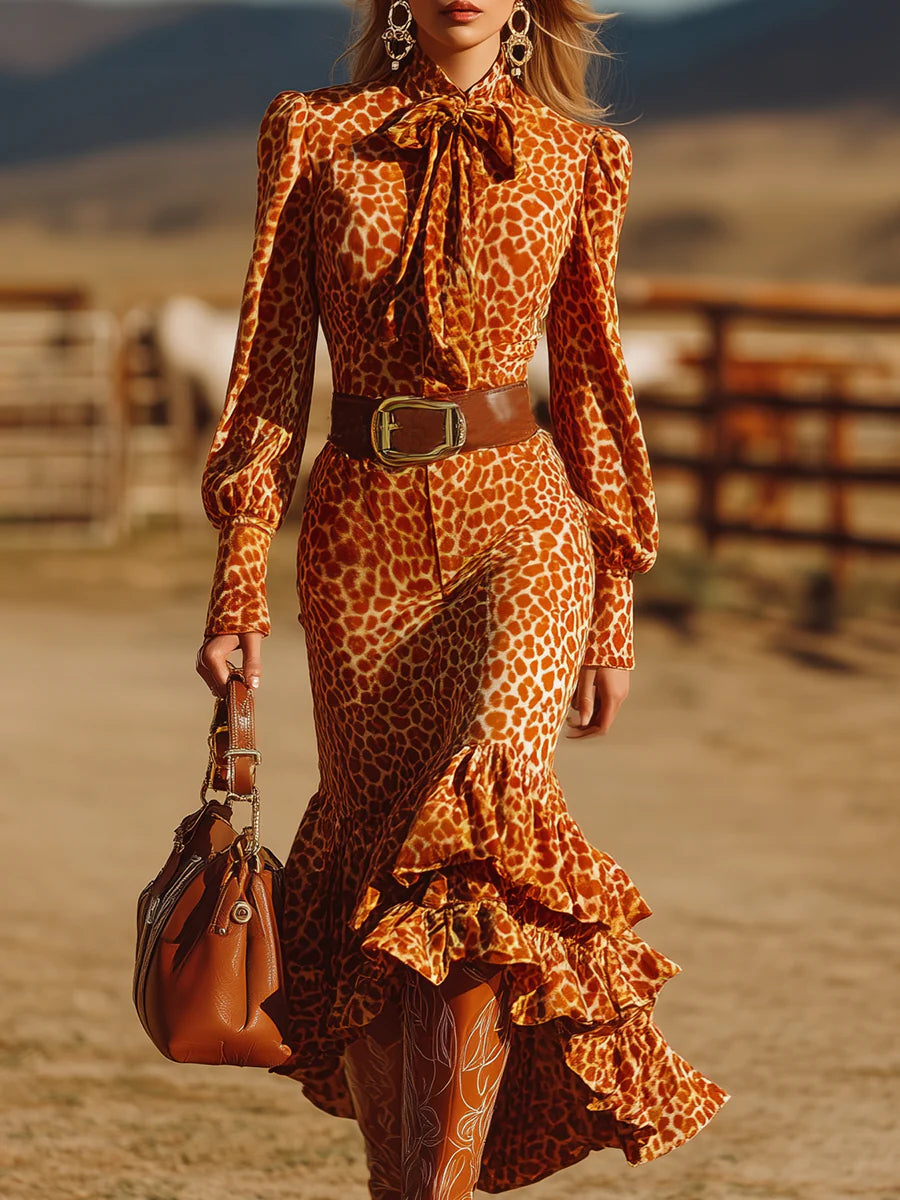 Retro Ruffled Orange Leopard Velvet Maxi-Length Dress