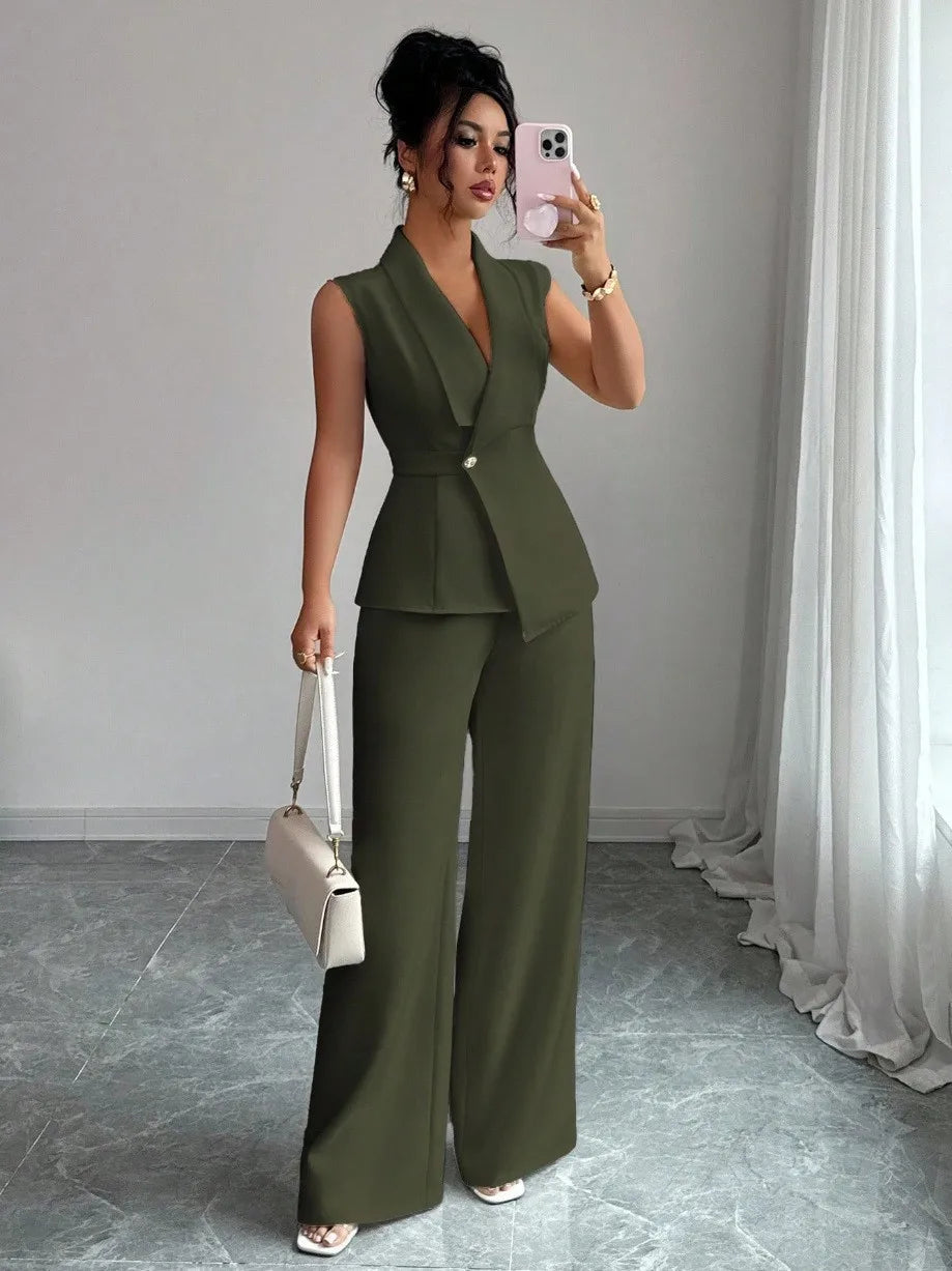 Women's Two Piece Sleeveless Wide Leg Pants Set