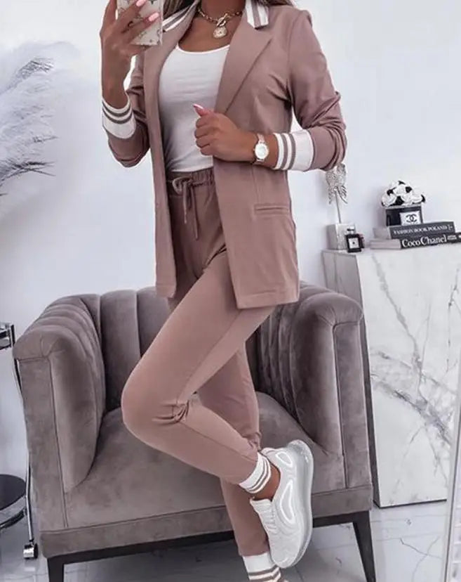 Women's Smart Casual Two-Piece Blazer and Jogger Trousers Set with Contrast Trim – Elegant Fitted Open Front Jacket and High-Waisted Drawstring Trousers for Comfortable Office Wear and Modern Everyday Styling