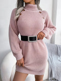 Women's Chunky Ribbed Knit Turtleneck Mini Dress – Puff Sleeve Button Detail Sweater Dress for Elegant Autumn and Winter Wear