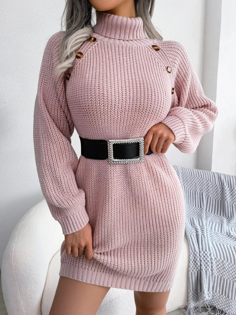 Women's Chunky Ribbed Knit Turtleneck Mini Dress – Puff Sleeve Button Detail Sweater Dress for Elegant Autumn and Winter Wear