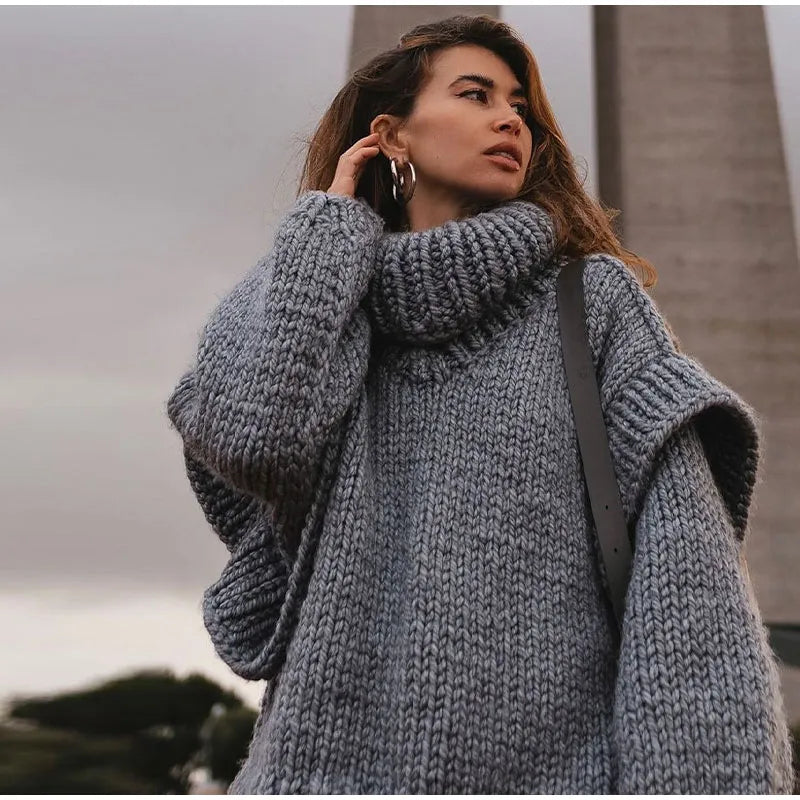 Women's Oversized Chunky Knit Turtleneck Sweater with Thick Textured Stitching and Voluminous Long Sleeves – Warm Relaxed Fit Pullover for Cosy Autumn Winter Layering and Casual Everyday Wear