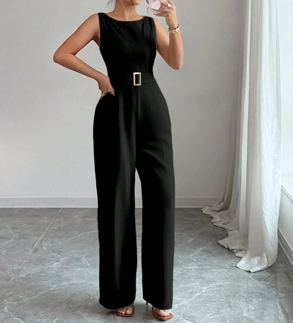 Women's Sleeveless Wide Leg Belted Jumpsuit
