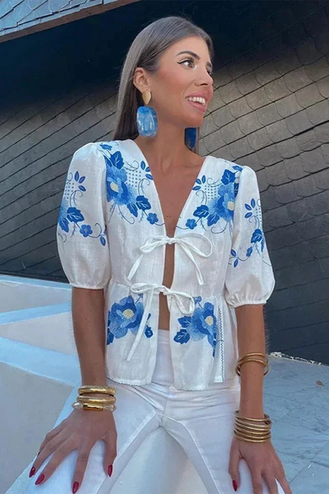Flower Bowknot Peplum Blouse