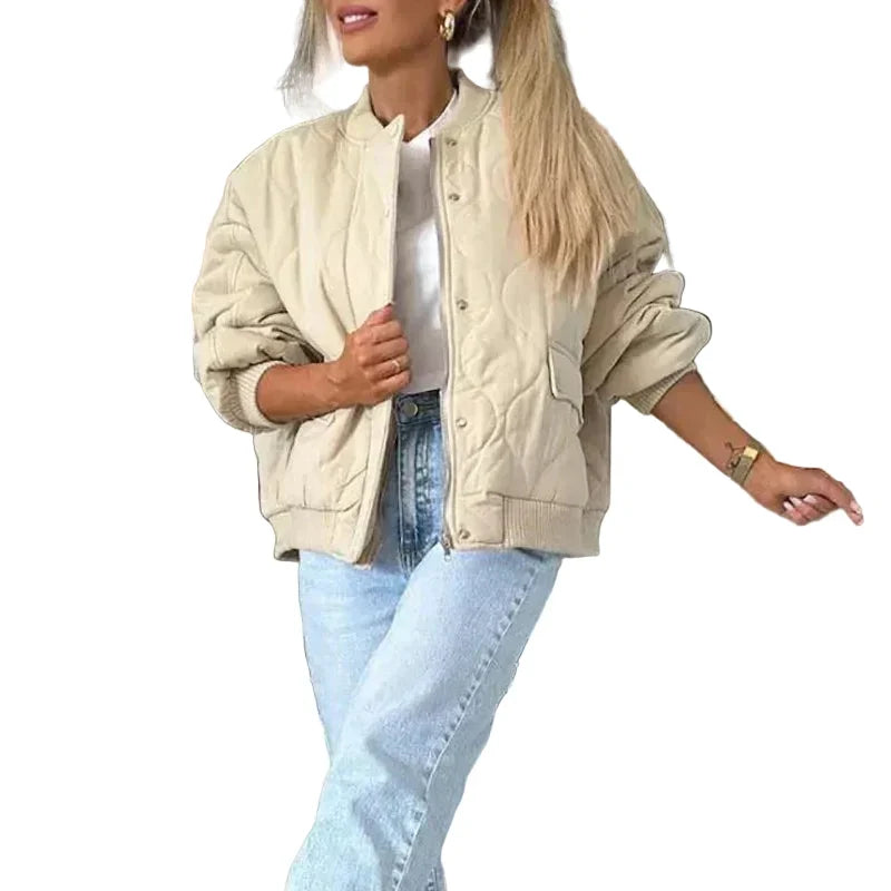 Women's Quilted Bomber Jacket with Ribbed Collar and Elasticated Cuffs – Relaxed Fit Short Padded Autumn Jacket for Casual Everyday Streetwear and Comfortable Seasonal Layering