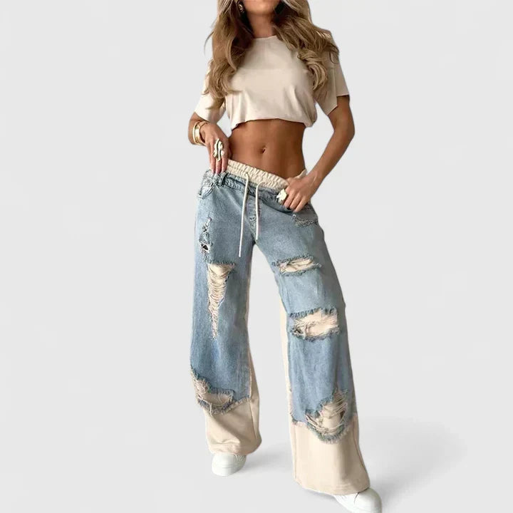 Women's Distressed Patchwork Wide Leg Denim Jeans with Elastic Drawstring Waist – Relaxed Fit Ripped Denim Jogger Trousers for Casual Everyday Streetwear and Comfortable Weekend Outfits
