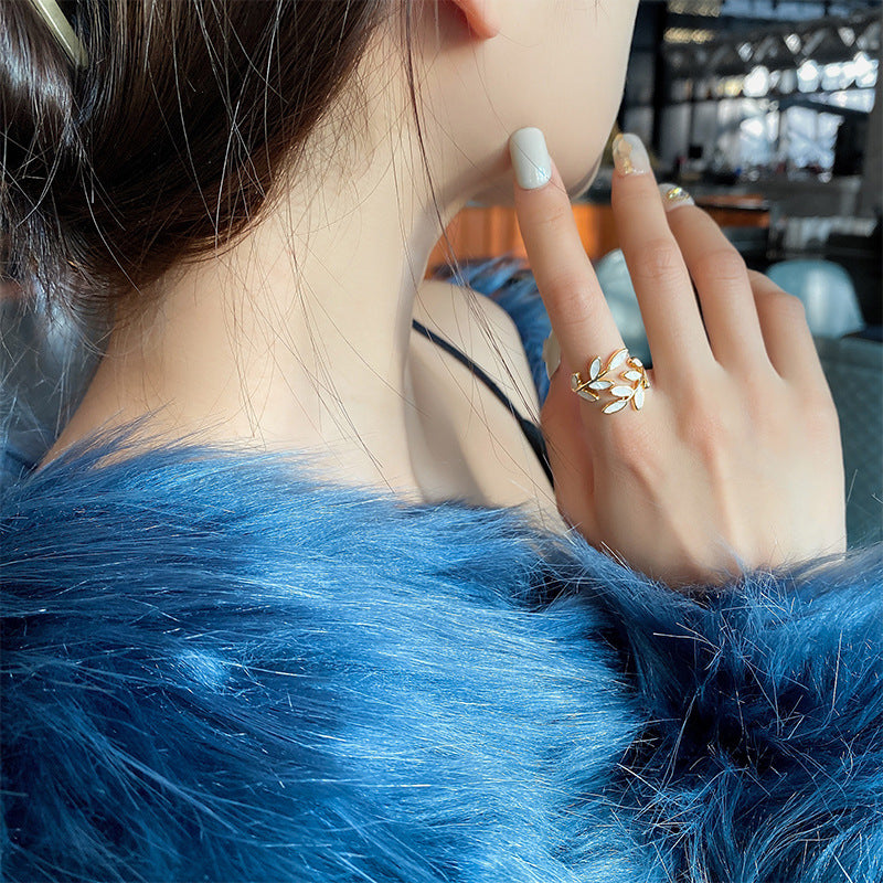 Adjustable Gold Leaf Ring with White Opal