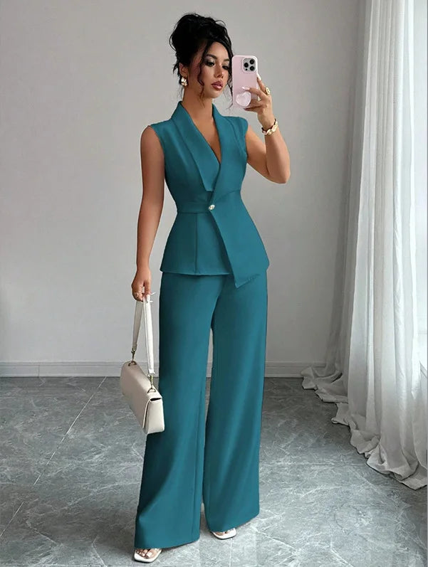 Women's Two Piece Sleeveless Wide Leg Pants Set