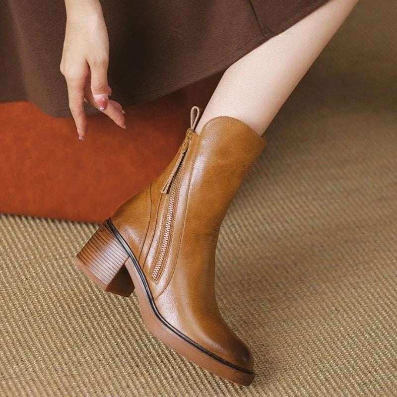 Women's Mid-Calf Zip Detail Block Heel Boots