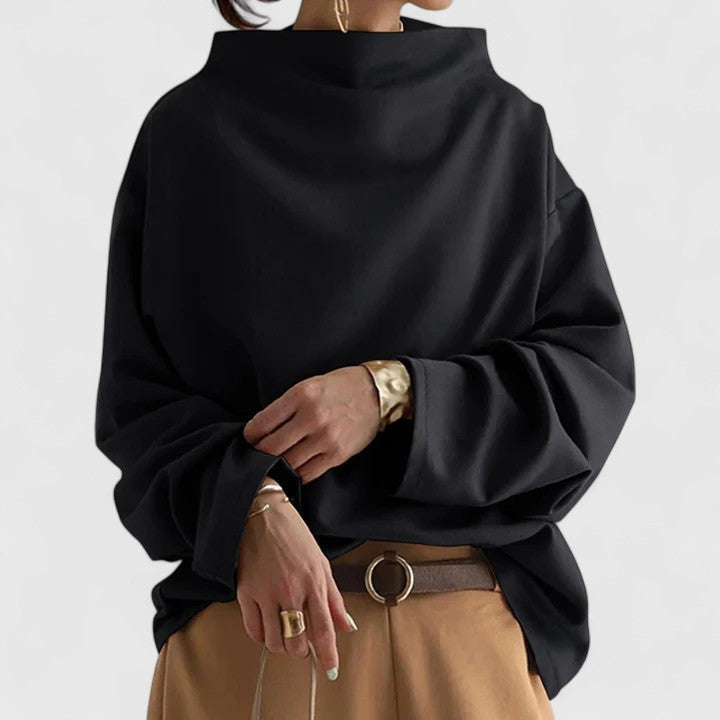 Women's Elegant High Neck Long Sleeve Top – Relaxed Fit with Draped Funnel Neck for Smart Casual and Office Wear