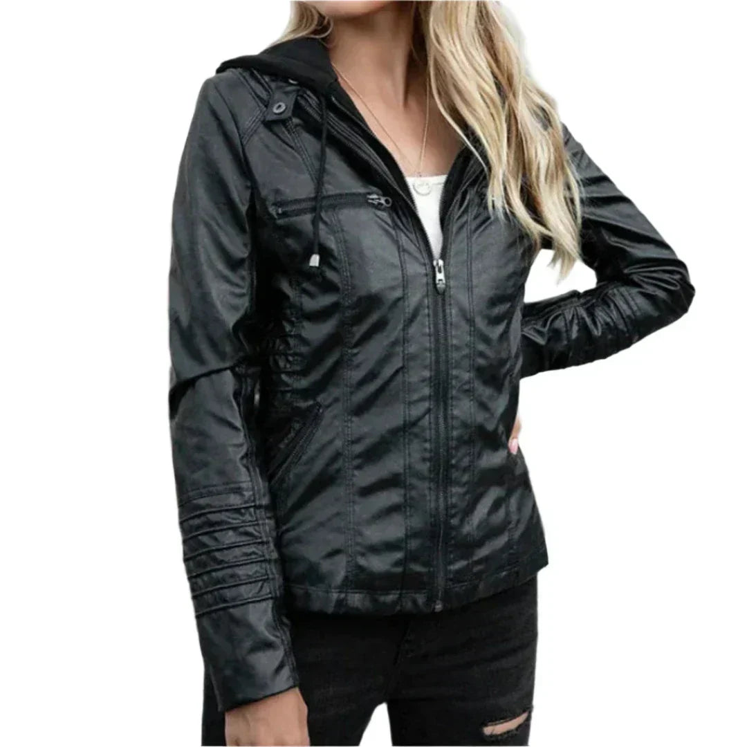 Women’s Hooded Leather-Look Jacket with Zip Details – Fitted Silhouette for Everyday and Mid-Season Styling