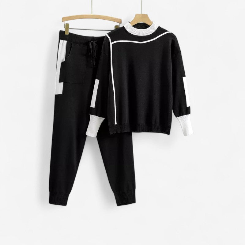 Women's Contrast Trim Long-Sleeve Top and Drawstring Trousers Set – Relaxed Two-Piece Casual Outfit for Everyday Wear