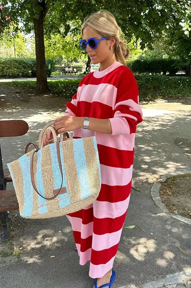Relaxed Striped Midi-Length Dress