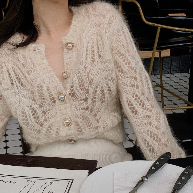 Women’s Delicate Openwork Lace Knit Cardigan with Decorative Buttons – Lightweight Elegant Layer for Spring and Summer