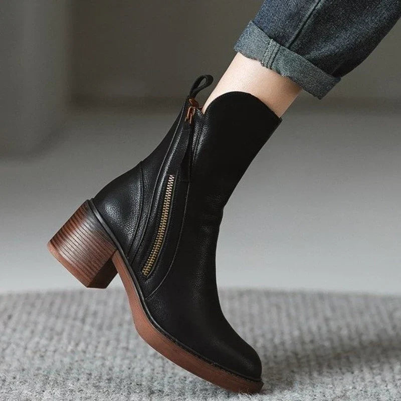 Women's Mid-Calf Zip Detail Block Heel Boots