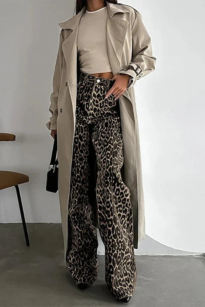Button Multi Pockets Leopard Print Relaxed Trousers