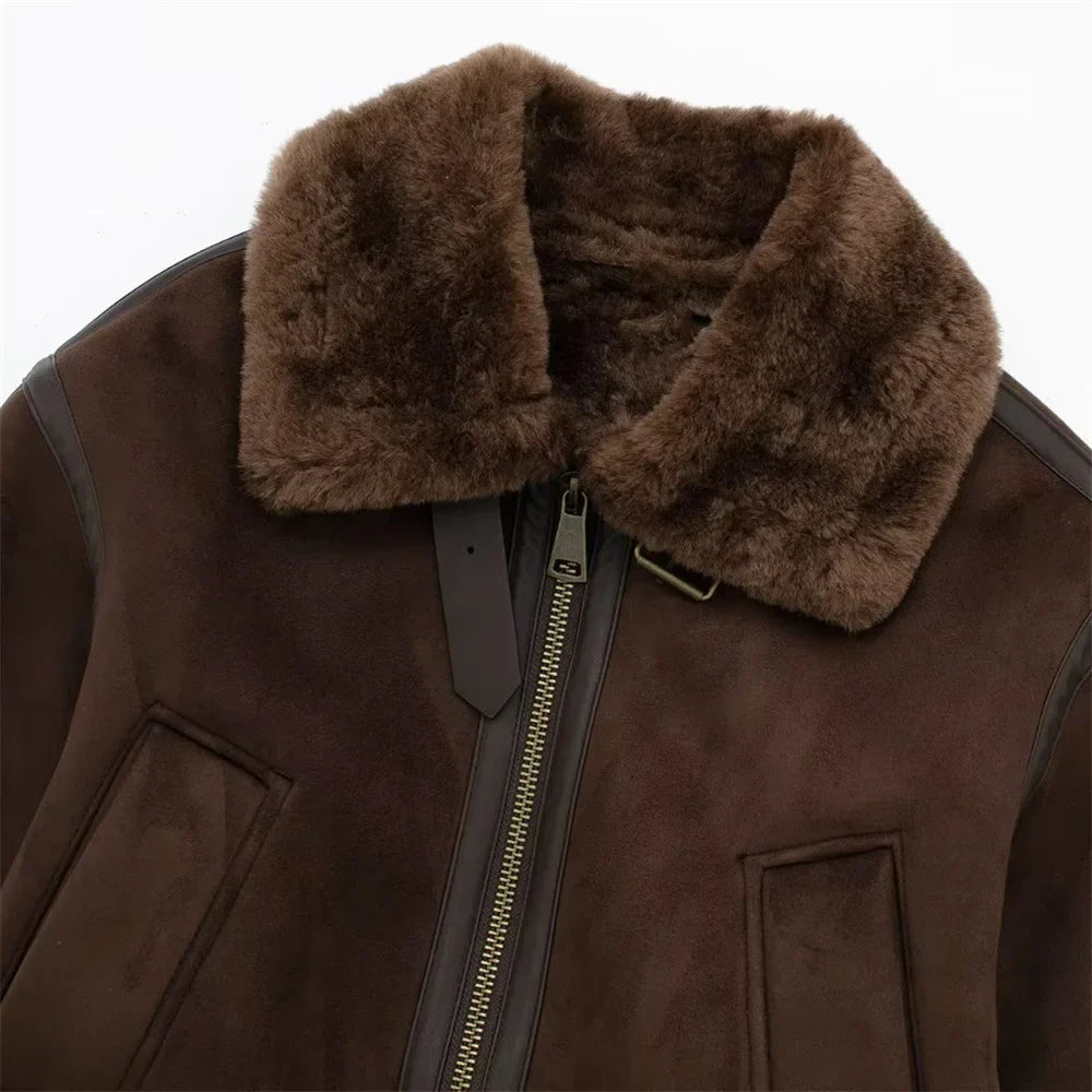 Women’s Cropped Suede-Look Bomber Jacket with Plush Shearling Collar and Ribbed Cuffs – Warm Vintage Inspired Winter Outerwear