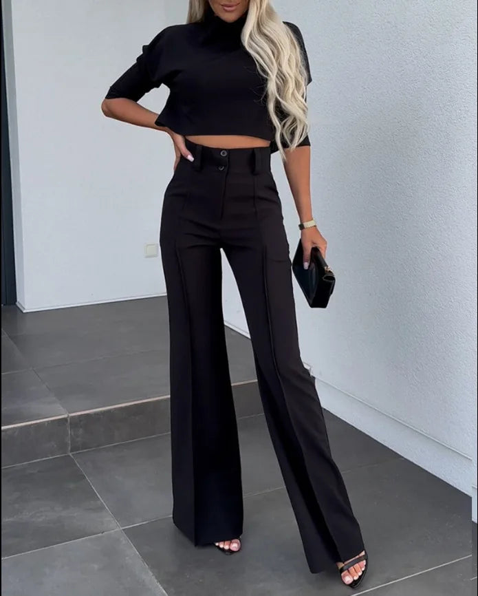 Women’s Elegant Cropped Three Quarter Sleeve Top and High Waisted Wide Leg Trouser Set – Modern Two-Piece Smart Casual Outfit