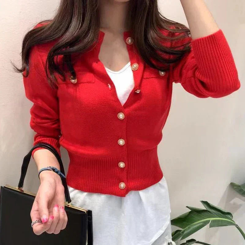 Women's Elegant Fine Knit Cardigan – Fitted High Neck Button-Up Sweater with Decorative Pearl-Style Buttons for Smart Casual Wear