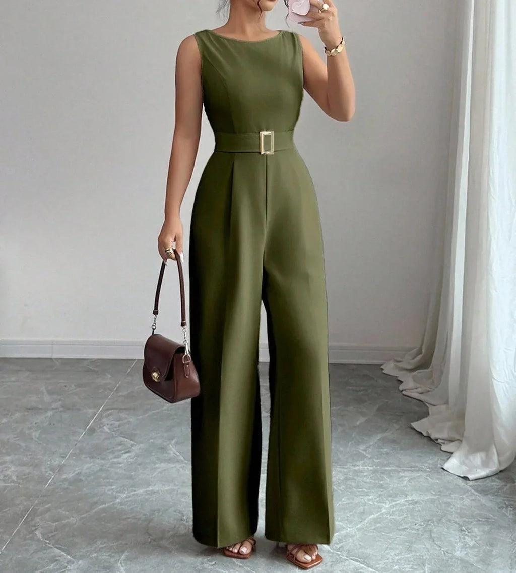 Women's Sleeveless Wide Leg Belted Jumpsuit