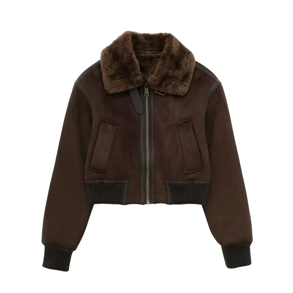 Women’s Cropped Suede-Look Bomber Jacket with Plush Shearling Collar and Ribbed Cuffs – Warm Vintage Inspired Winter Outerwear