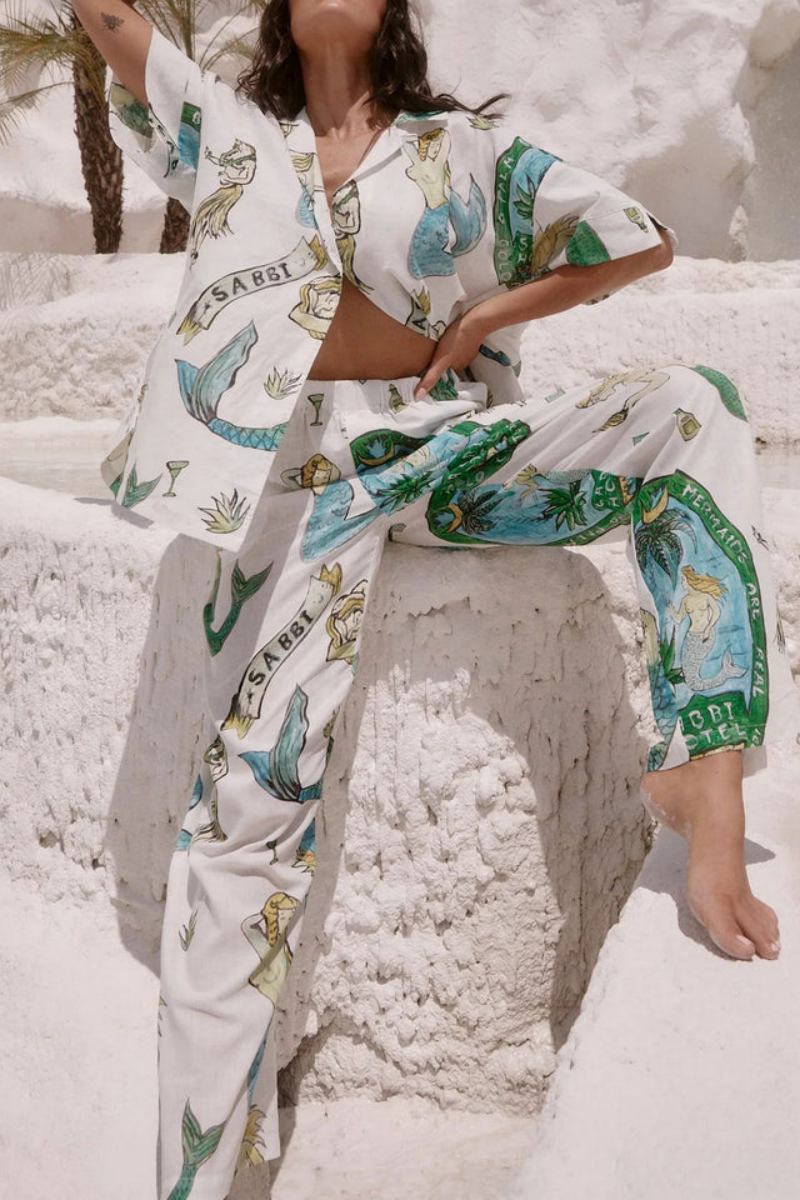 Mermaid Print Short-Sleeved Shirt And Wide-Leg Trousers Two-Piece Set