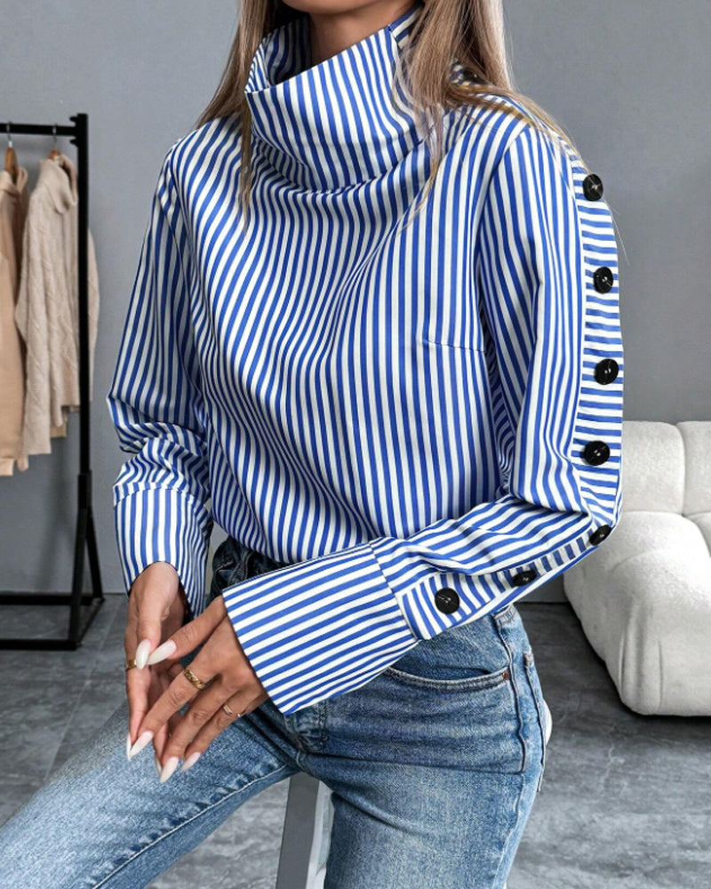 Women's Elegant Printed High-Neck Blouse with Decorative Buttoned Sleeves and Wide Cuffs – Soft Stretch Cotton Long Sleeve Top for Smart Casual Office Wear and Sophisticated Everyday Styling