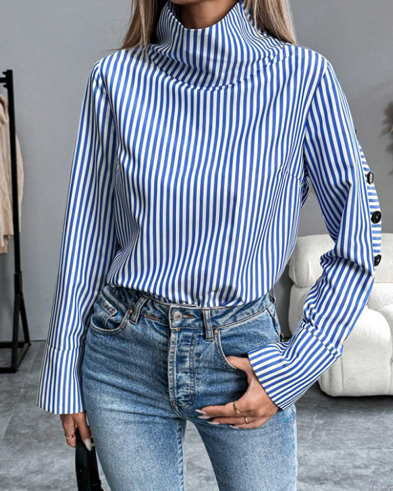 Women's Elegant Printed High-Neck Blouse with Decorative Buttoned Sleeves and Wide Cuffs – Soft Stretch Cotton Long Sleeve Top for Smart Casual Office Wear and Sophisticated Everyday Styling