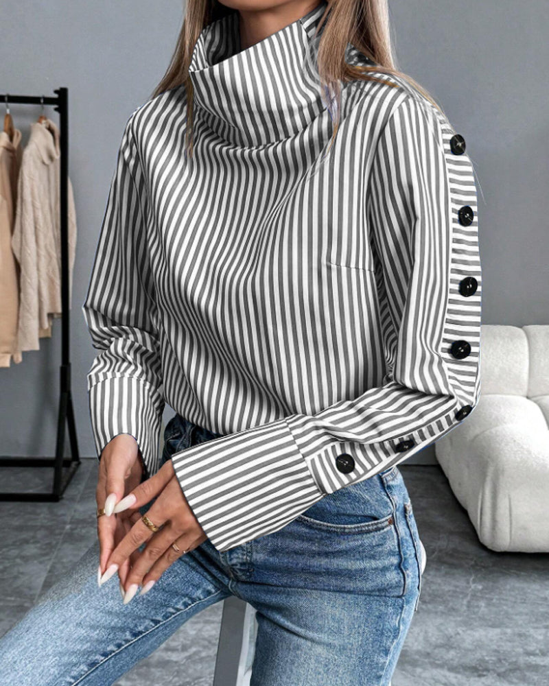Women's Elegant Printed High-Neck Blouse with Decorative Buttoned Sleeves and Wide Cuffs – Soft Stretch Cotton Long Sleeve Top for Smart Casual Office Wear and Sophisticated Everyday Styling