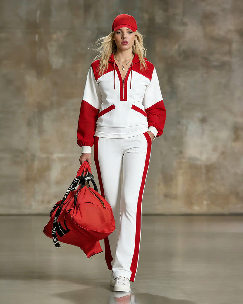 Women's Relaxed Fit Hooded Tracksuit Set – Half Zip Sweatshirt and Wide Leg Trousers for Casual Everyday Wear
