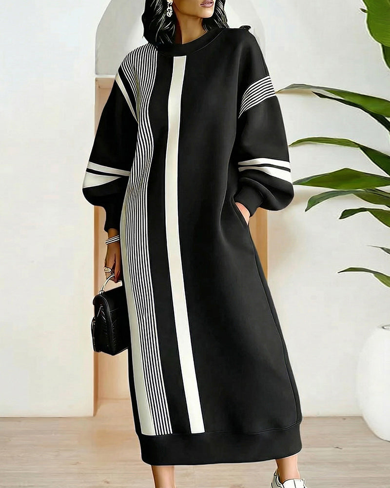 Women's Contrast Stripe Midi Sweatshirt Dress – Relaxed Long Balloon Sleeve Crew Neck Dress with Side Pockets for Casual Autumn and Winter Wear