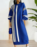Women's Contrast Stripe Midi Sweatshirt Dress – Relaxed Long Balloon Sleeve Crew Neck Dress with Side Pockets for Casual Autumn and Winter Wear