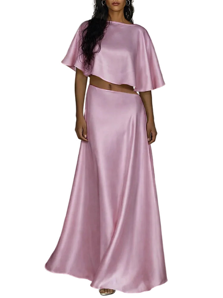 Women's Asymmetric Satin-Look Cape-Sleeve Crop Top and Flowing Maxi Skirt Set – Elegant Two-Piece Evening Co-Ord for Summer Weddings and Special Occasions