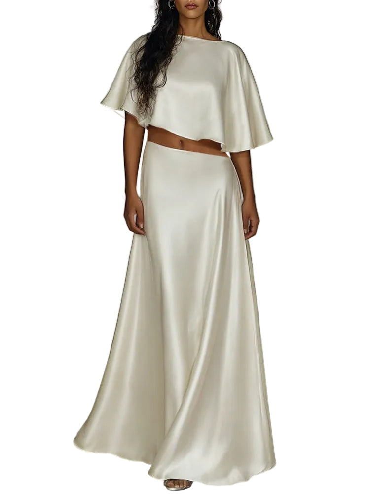 Women's Asymmetric Satin-Look Cape-Sleeve Crop Top and Flowing Maxi Skirt Set – Elegant Two-Piece Evening Co-Ord for Summer Weddings and Special Occasions