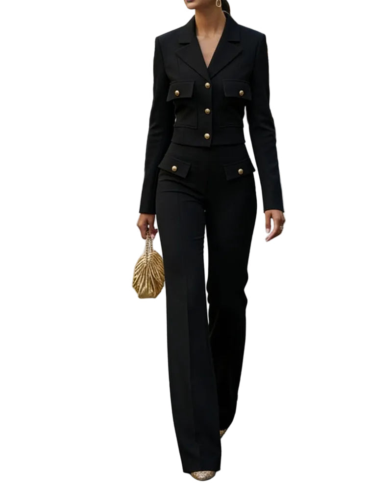Women’s Cropped Tailored Blazer and High-Waisted Wide-Leg Trousers Two-Piece Set with Gold Buttons – Elegant Business Casual Outfit for Office and Formal Occasions