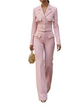Women’s Cropped Tailored Blazer and High-Waisted Wide-Leg Trousers Two-Piece Set with Gold Buttons – Elegant Business Casual Outfit for Office and Formal Occasions