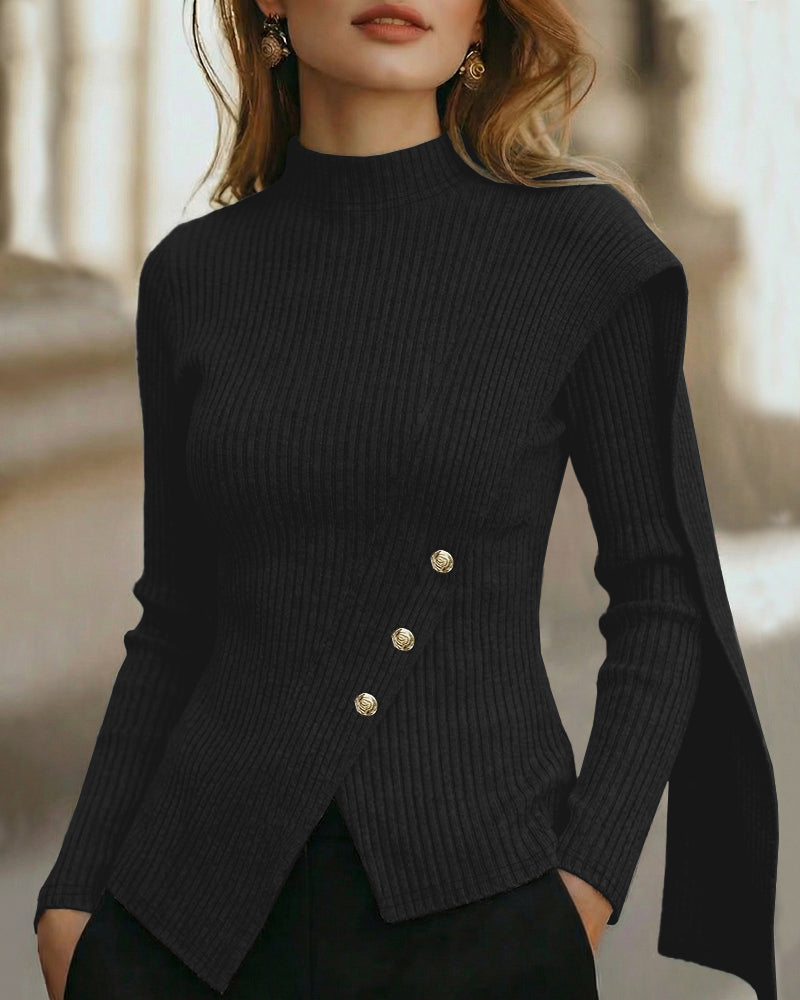 Women’s Ribbed Mock-Neck Sweater with Shoulder Drape – Fitted Knit with Decorative Buttons and Asymmetric Hem