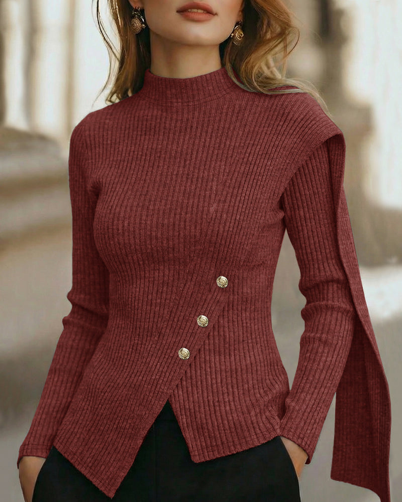 Women’s Ribbed Mock-Neck Sweater with Shoulder Drape – Fitted Knit with Decorative Buttons and Asymmetric Hem