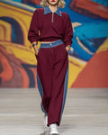 Women's Denim-Panel Zip-Neck Sweatshirt and Wide-Leg Trousers Set – Relaxed Athleisure Co-Ord for Everyday Casual Wear