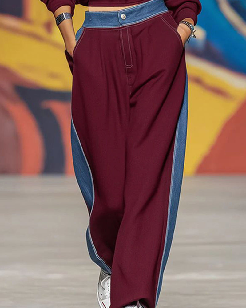 Women's Denim-Panel Zip-Neck Sweatshirt and Wide-Leg Trousers Set – Relaxed Athleisure Co-Ord for Everyday Casual Wear