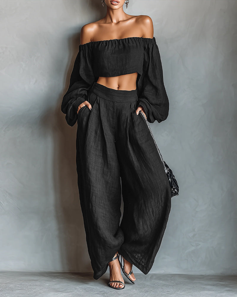 Women's Off-Shoulder Cropped Top and High-Waisted Wide-Leg Trousers Set – Elegant Puff-Sleeve Two-Piece Summer Co-Ord for Casual and Evening Occasions
